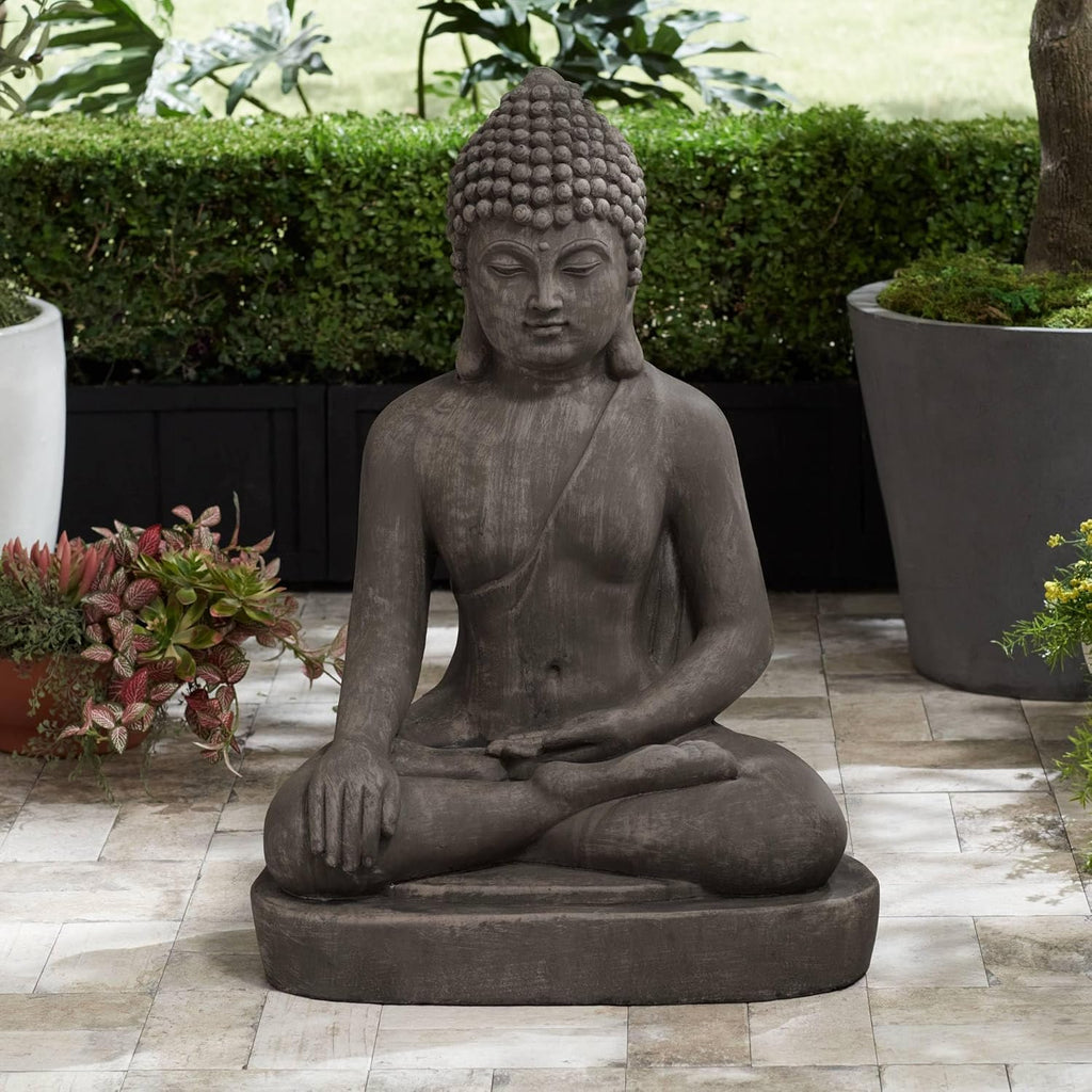 Sitting Buddha Statue Sculpture Zen Asian Japanese Garden Decor Outdoor Front Porch Patio Yard outside Home Balcony House Exterior Weathered Light Sandstone Finish 29 1/2" Tall
