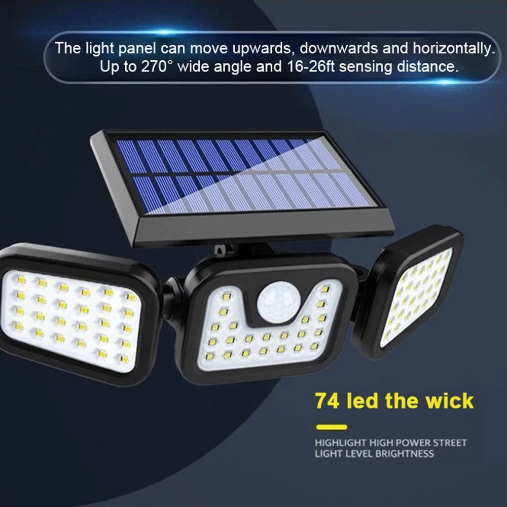 Solar Light Outdoor, 6500K Solar Motion Sensor, 3 Head Security Lights Solar Powered, IP65 Waterproof, 2 Pack