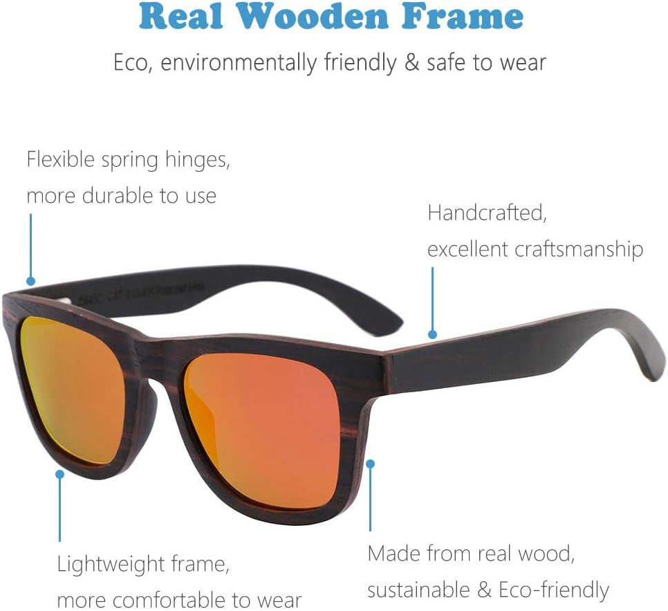 Polarized Wood Sunglasses Men, Wooden Bamboo Sunglasses for Women