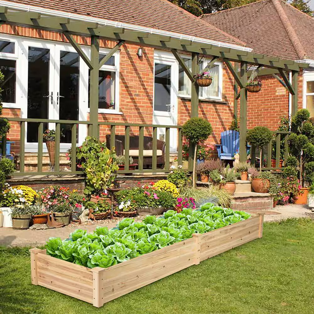 97 In. L X 25 In. W X 10 In. H Natural Wood Rectangular Raised Bed Vegetable Flowers Plants Planter