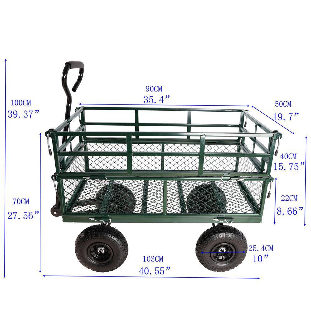 6.33 Cu. Ft. Green Metal Garden Cart with Double Fence and Inflatable Tires