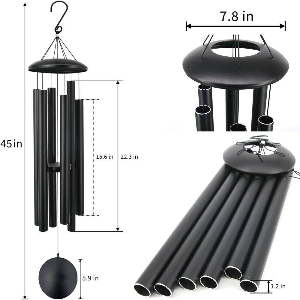 45 In. Large Wind Chimes with 6 Heavy Tubes Deep Tone Outdoor Garden Hanging Decor Black