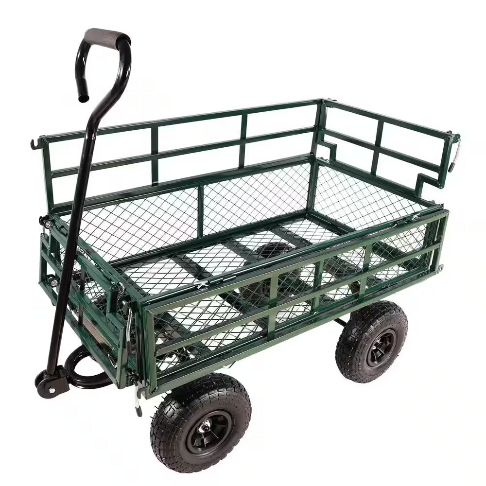 6.33 Cu. Ft. Green Metal Garden Cart with Double Fence and Inflatable Tires