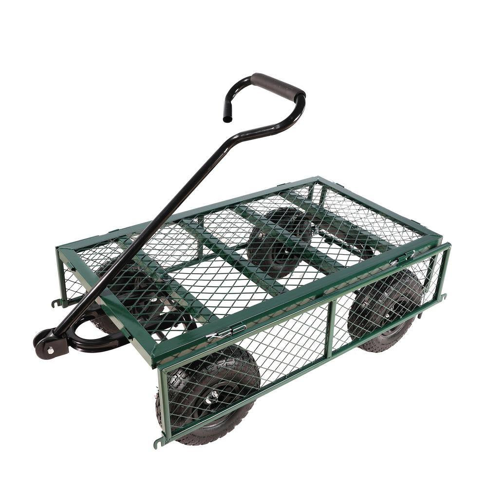 6.33 Cu. Ft. Green Metal Garden Cart with Double Fence and Inflatable Tires