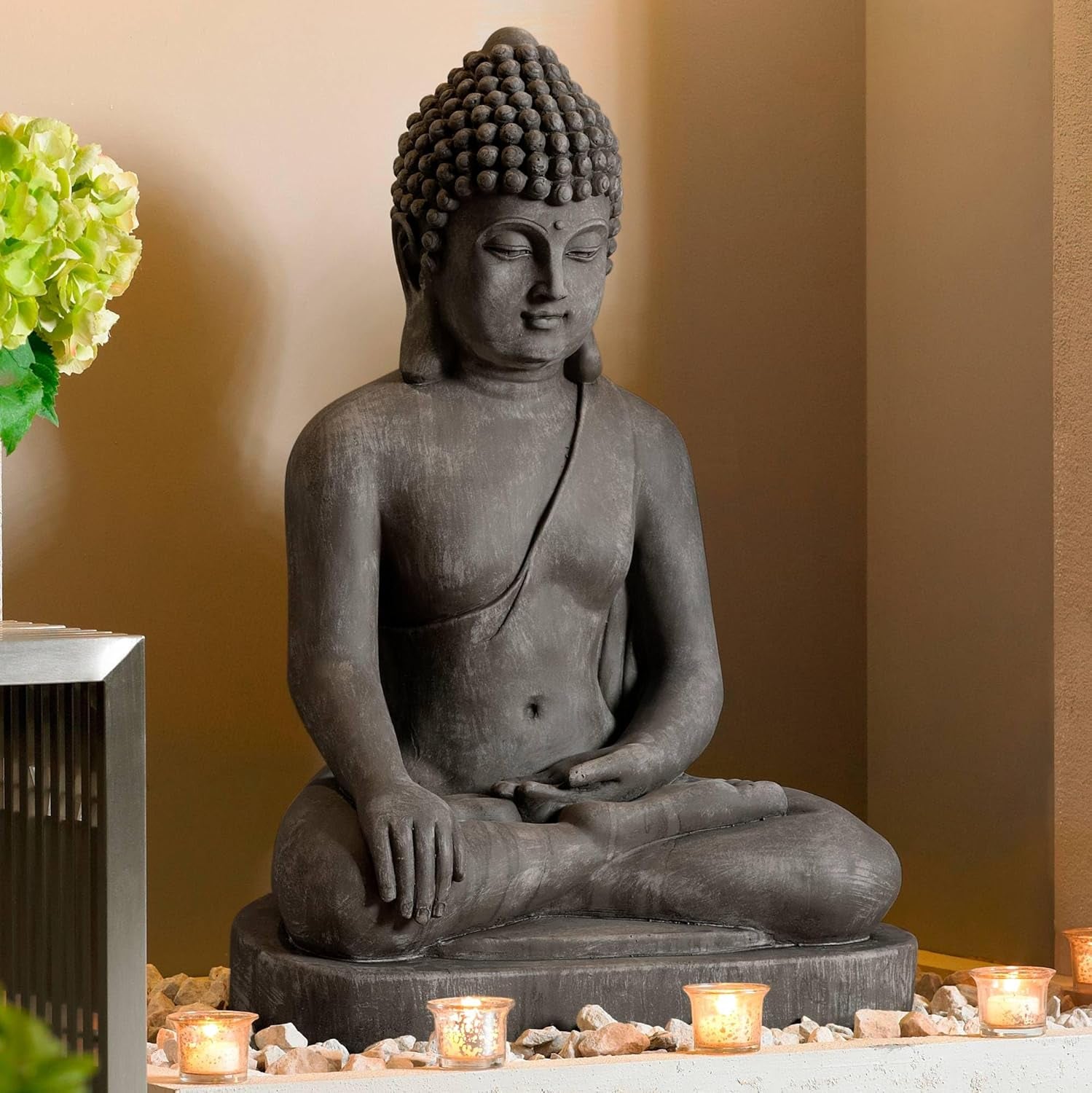 Sitting Buddha Statue Sculpture Zen Asian Japanese Garden Decor Outdoor Front Porch Patio Yard outside Home Balcony House Exterior Weathered Light Sandstone Finish 29 1/2" Tall