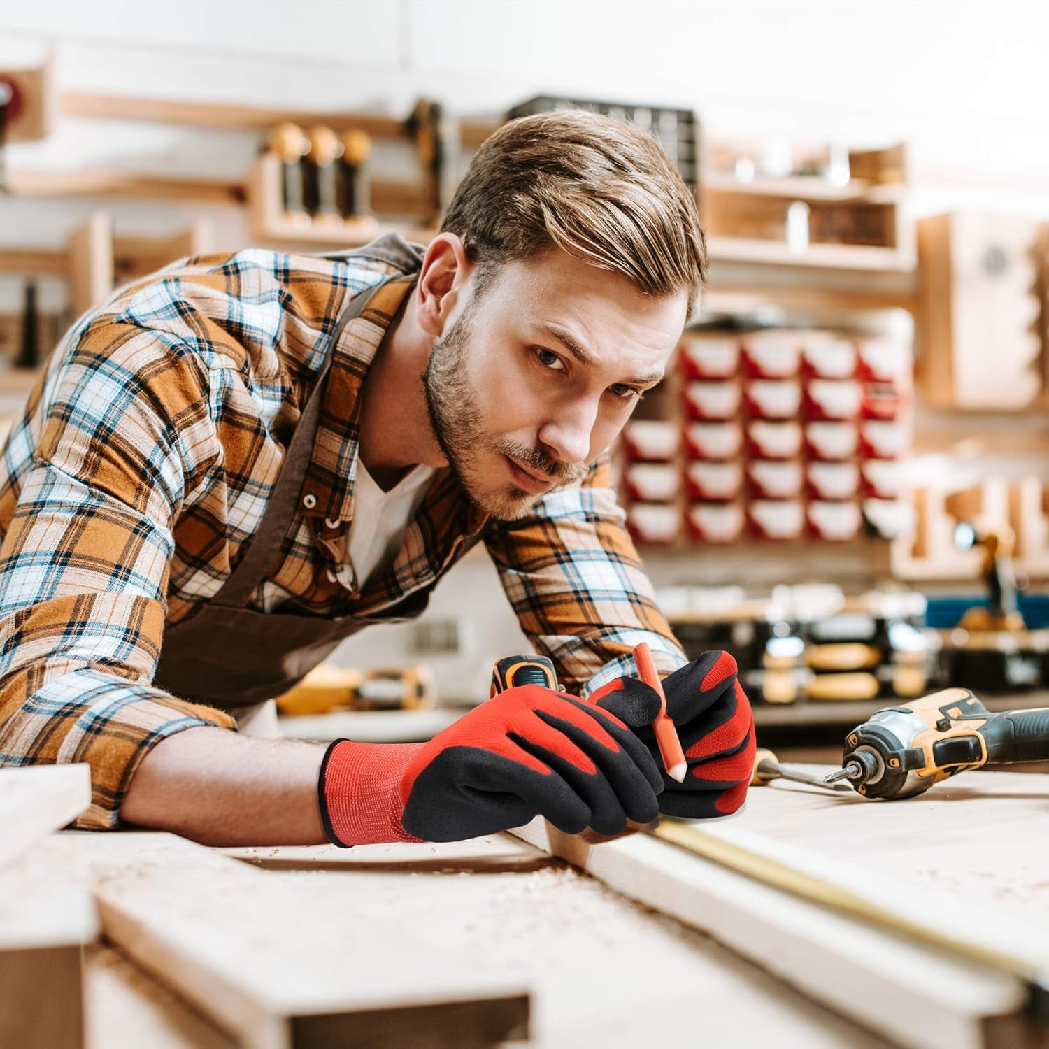 Gardening Gloves for Men, 6 Pairs Breathable Rubber Coated for Garden Weeding Landscaping, outside Work for Lawn Yard, Men'S Medium Size, Black & Red