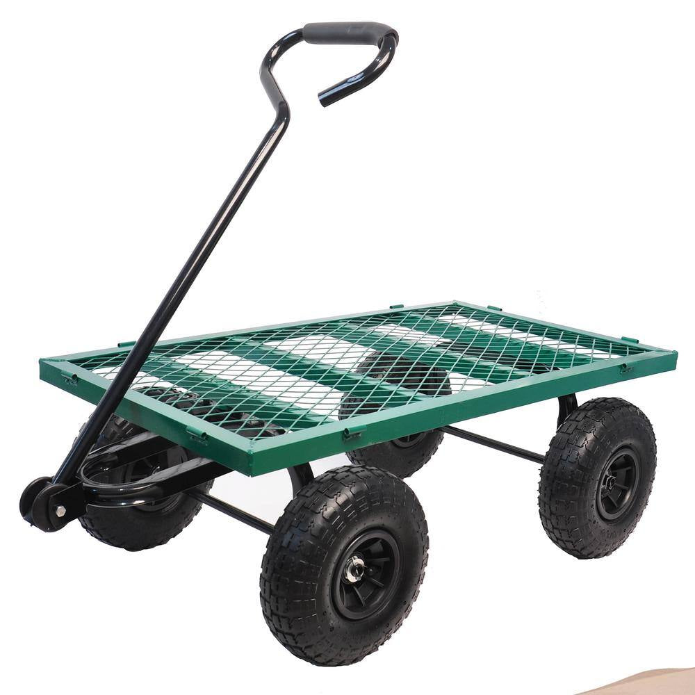 6.33 Cu. Ft. Green Metal Garden Cart with Double Fence and Inflatable Tires