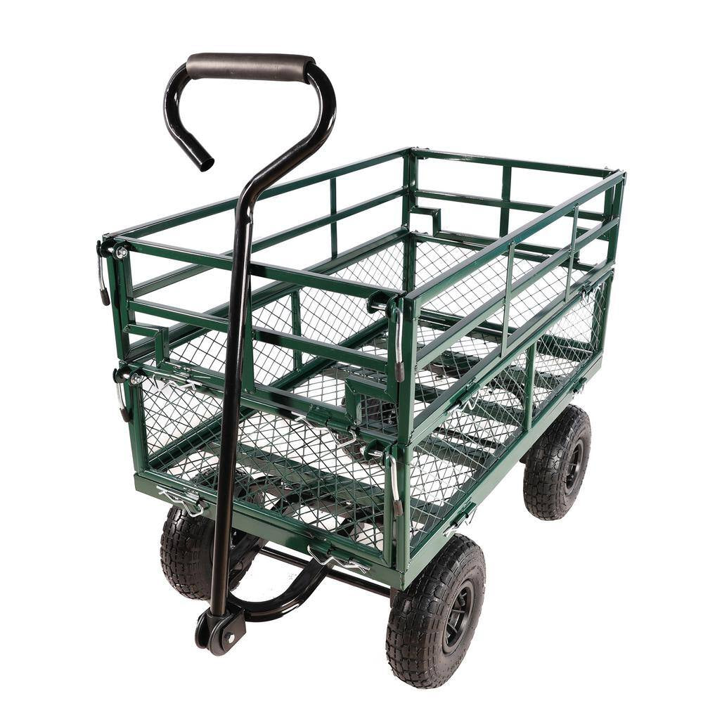 6.33 Cu. Ft. Green Metal Garden Cart with Double Fence and Inflatable Tires