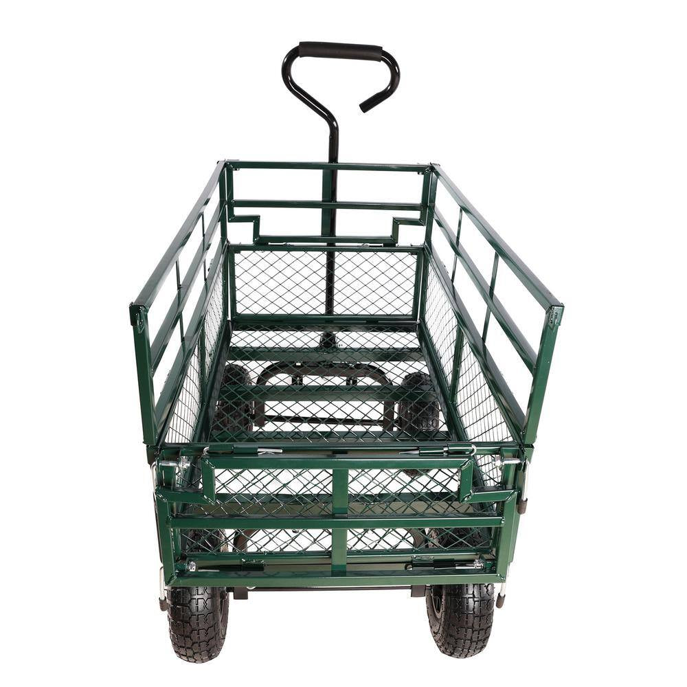 6.33 Cu. Ft. Green Metal Garden Cart with Double Fence and Inflatable Tires