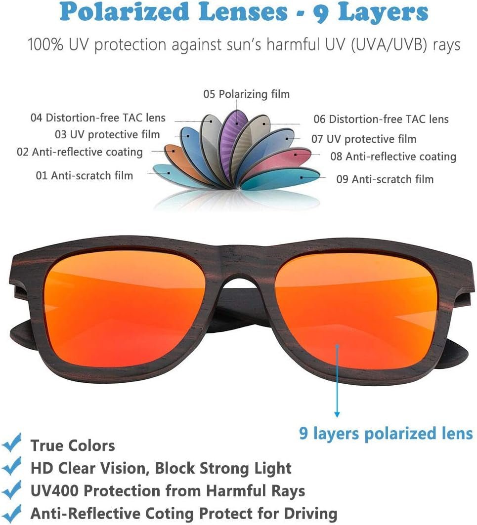 Polarized Wood Sunglasses Men, Wooden Bamboo Sunglasses for Women