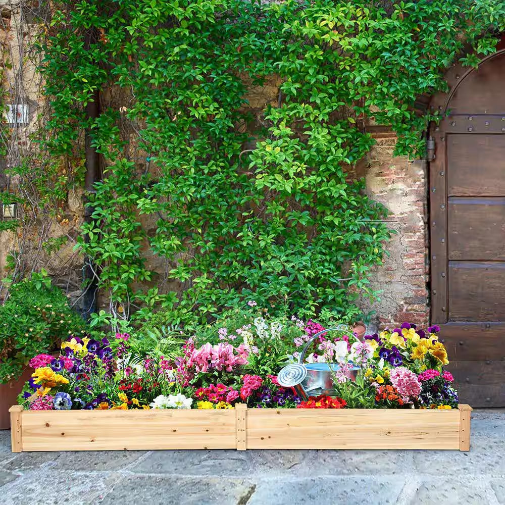 97 In. L X 25 In. W X 10 In. H Natural Wood Rectangular Raised Bed Vegetable Flowers Plants Planter